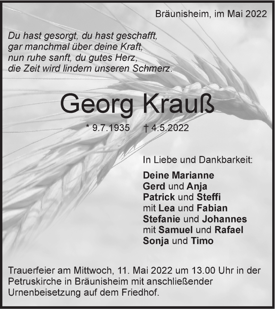  Traueranzeige für Georg Krauß vom 07.05.2022 aus SÜDWEST PRESSE Ausgabe Ulm/Neu-Ulm