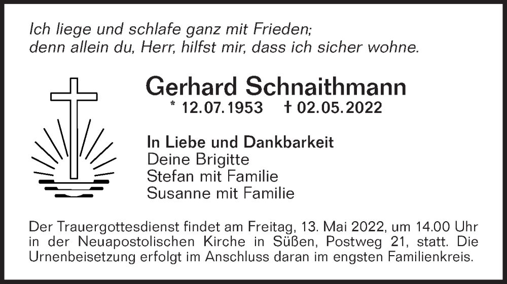  Traueranzeige für Gerhard Schnaithmann vom 07.05.2022 aus NWZ Neue Württembergische Zeitung/Geislinger Zeitung
