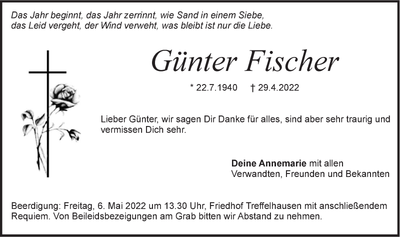  Traueranzeige für Günter Fischer vom 03.05.2022 aus Geislinger Zeitung