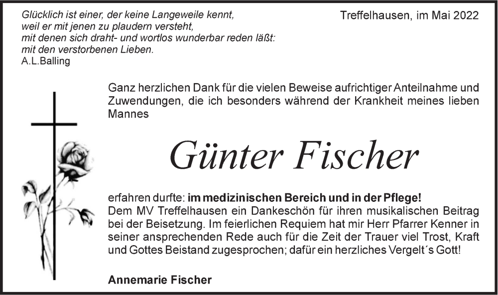  Traueranzeige für Günter Fischer vom 17.05.2022 aus Geislinger Zeitung