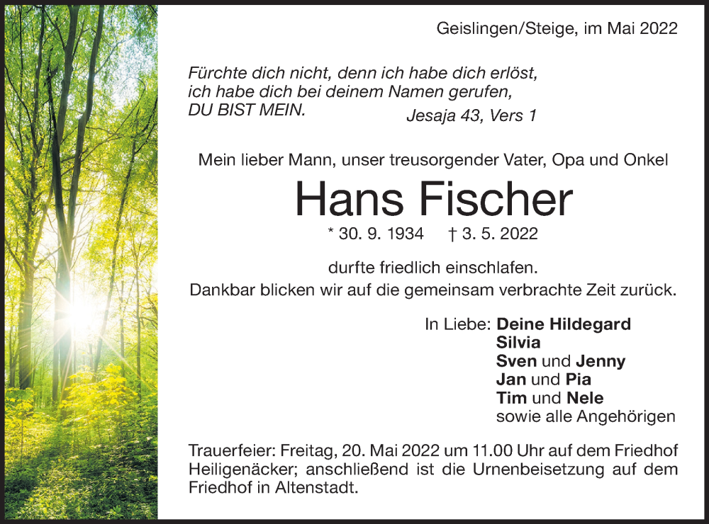  Traueranzeige für Hans Fischer vom 14.05.2022 aus Geislinger Zeitung