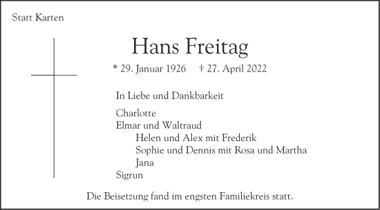 Traueranzeige von Hans Freitag von SÜDWEST PRESSE Ausgabe Ulm/Neu-Ulm