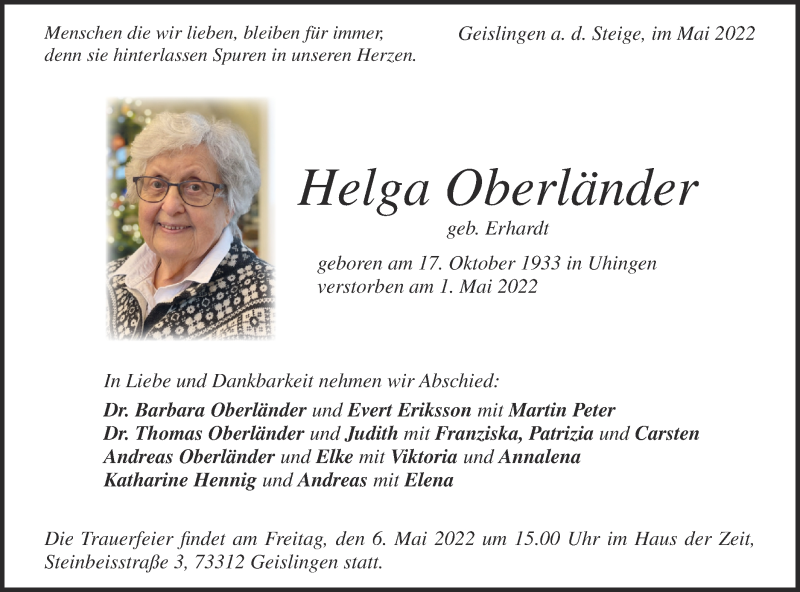  Traueranzeige für Helga Oberländer vom 04.05.2022 aus NWZ Neue Württembergische Zeitung/Geislinger Zeitung