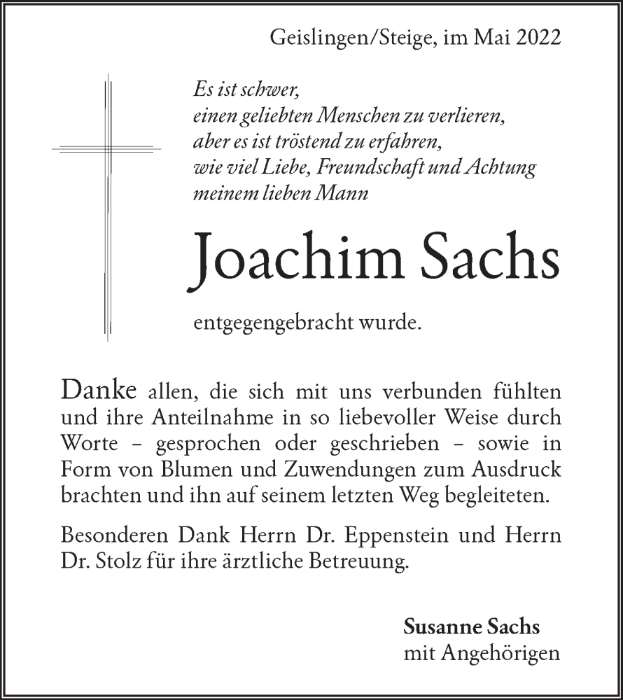  Traueranzeige für Joachim Sachs vom 20.05.2022 aus Geislinger Zeitung