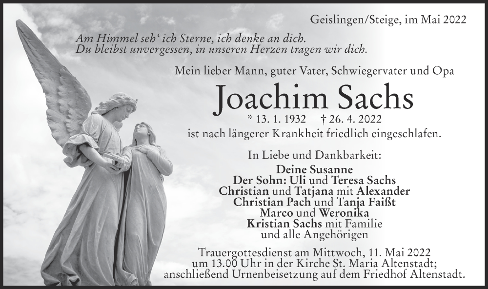  Traueranzeige für Joachim Sachs vom 06.05.2022 aus Geislinger Zeitung