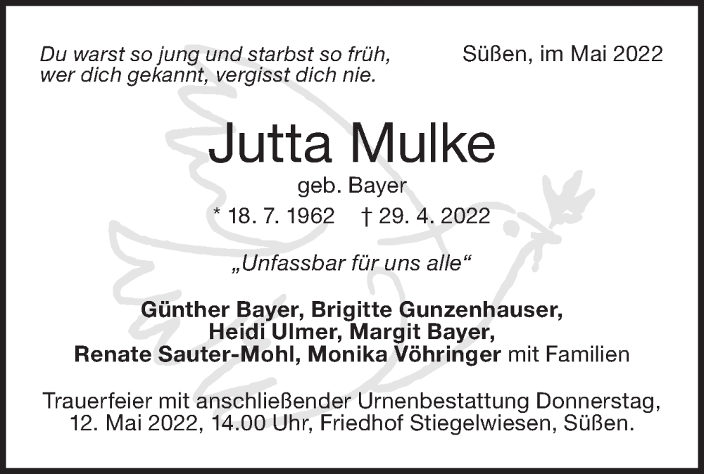  Traueranzeige für Jutta Mulke vom 07.05.2022 aus NWZ Neue Württembergische Zeitung/Geislinger Zeitung