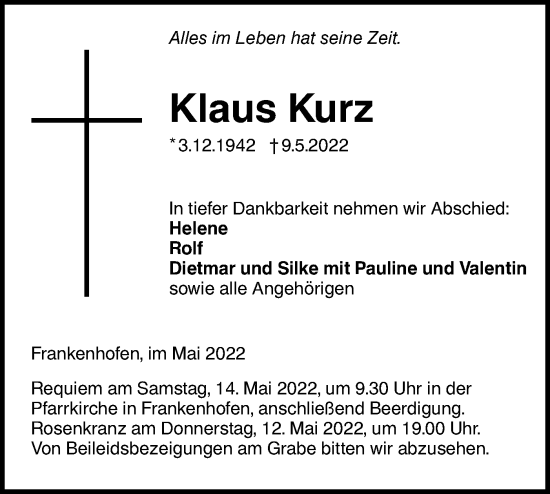 Traueranzeige von Klaus Kurz von Ehinger Tagblatt/Alb-Bote