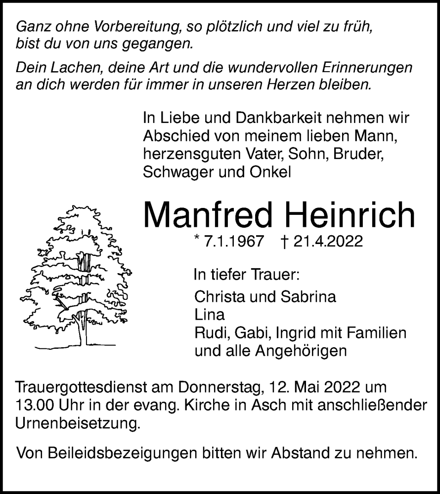  Traueranzeige für Manfred Heinrich vom 09.05.2022 aus SÜDWEST PRESSE Ausgabe Ulm/Neu-Ulm