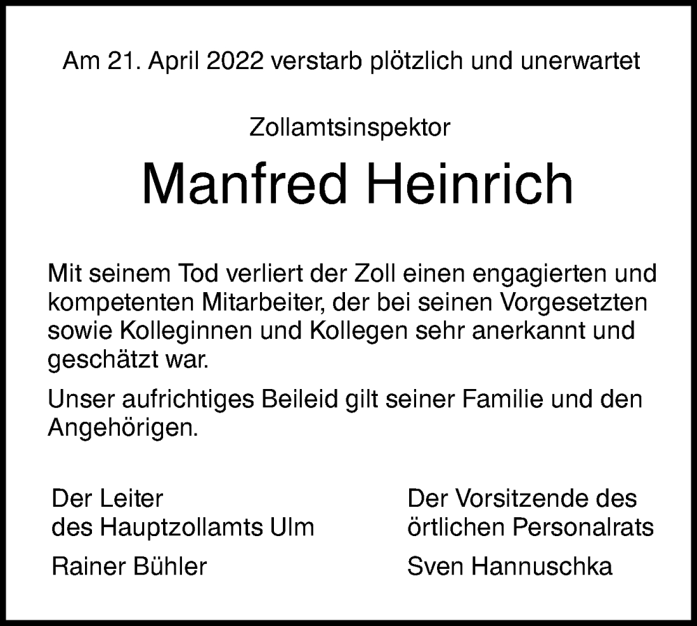  Traueranzeige für Manfred Heinrich vom 09.05.2022 aus SÜDWEST PRESSE Ausgabe Ulm/Neu-Ulm