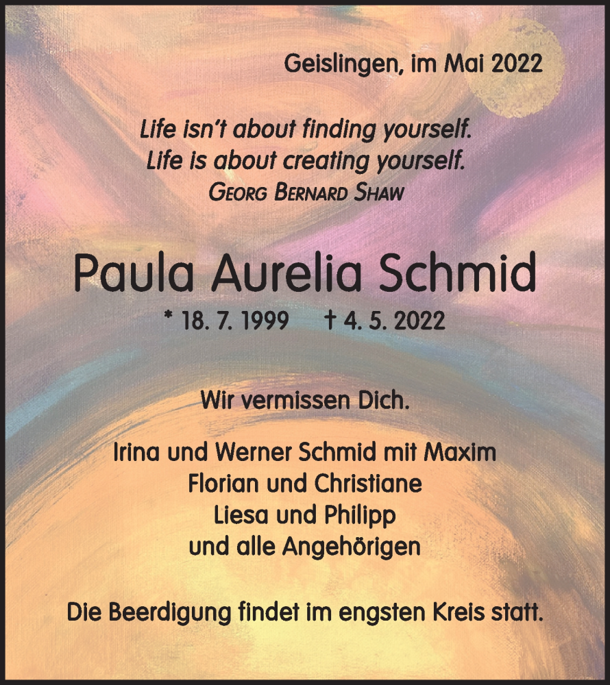  Traueranzeige für Paula Aurelia Schmid vom 10.05.2022 aus Geislinger Zeitung