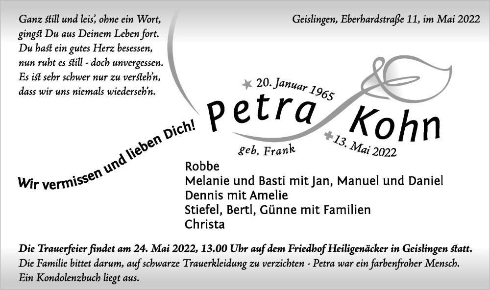 Traueranzeige für Petra Kohn vom 18.05.2022 aus Geislinger Zeitung