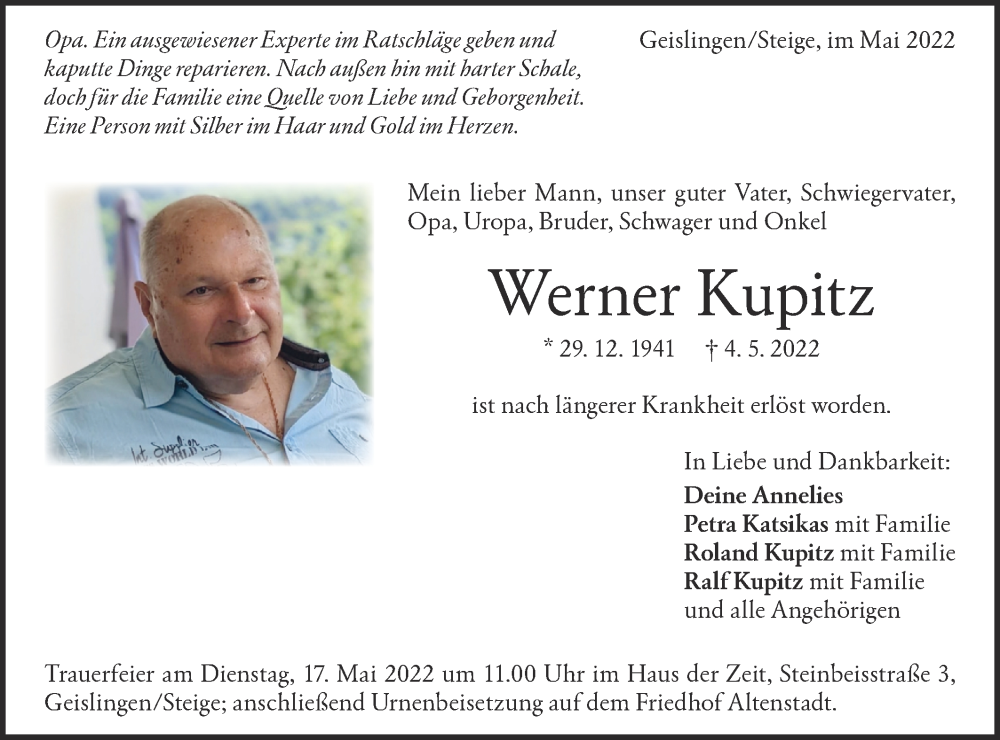  Traueranzeige für Werner Kupitz vom 12.05.2022 aus Geislinger Zeitung