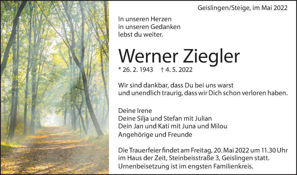  Traueranzeige für Werner Ziegler vom 14.05.2022 aus Geislinger Zeitung