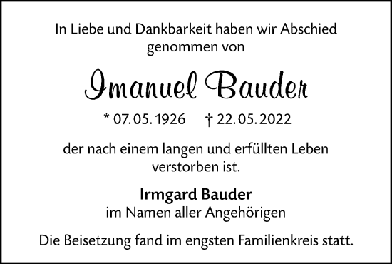 Traueranzeige von Imanuel Bauder von Metzinger-Uracher Volksblatt
