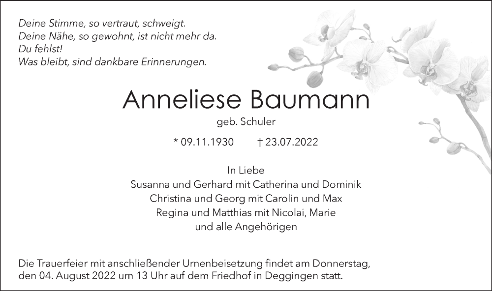  Traueranzeige für Anneliese Baumann vom 01.08.2022 aus Geislinger Zeitung