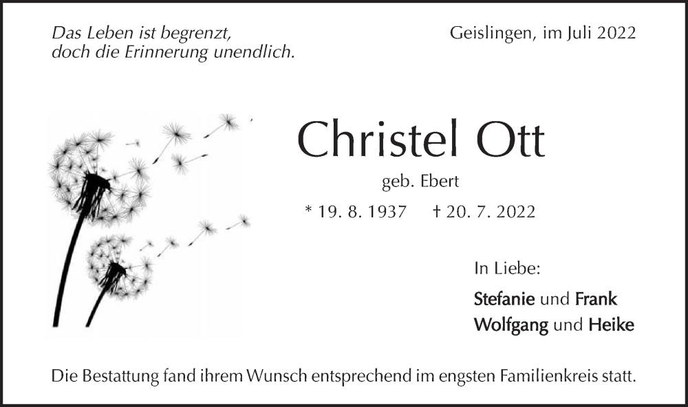  Traueranzeige für Christel Ott vom 30.07.2022 aus Geislinger Zeitung