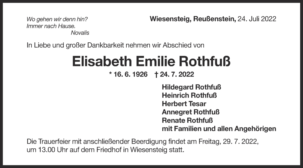  Traueranzeige für Elisabeth Emilie Rothfuß vom 26.07.2022 aus Geislinger Zeitung