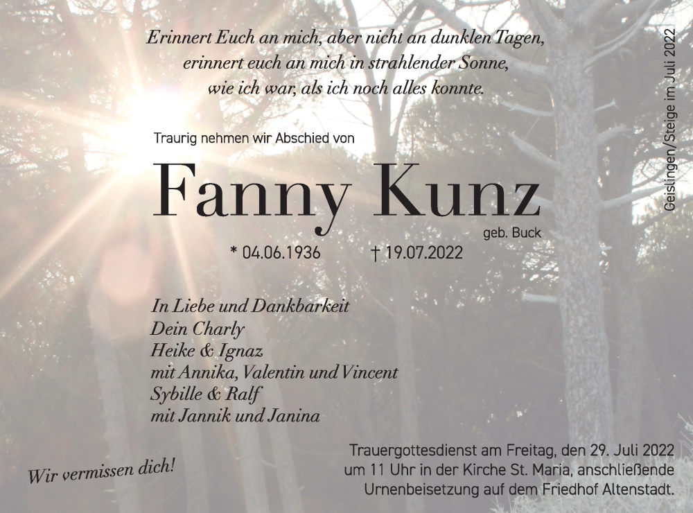  Traueranzeige für Fanny Kunz vom 23.07.2022 aus Geislinger Zeitung