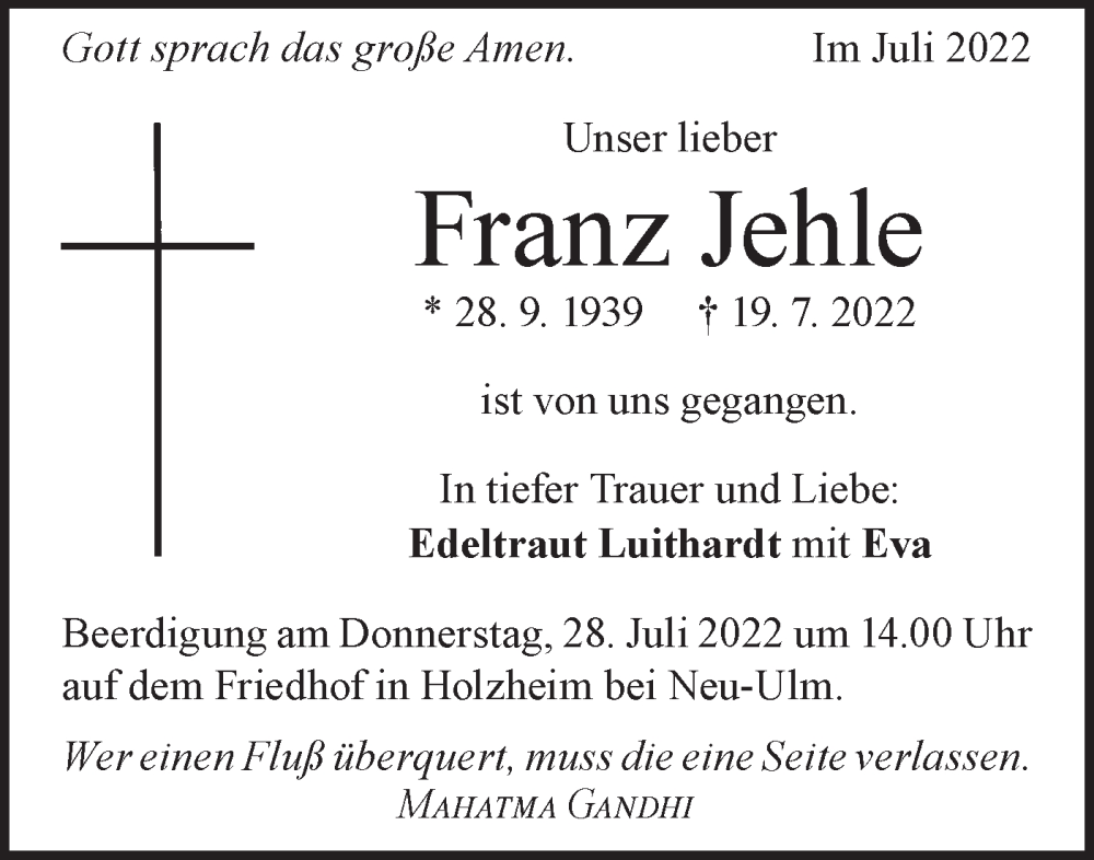  Traueranzeige für Franz Jehle vom 22.07.2022 aus Geislinger Zeitung