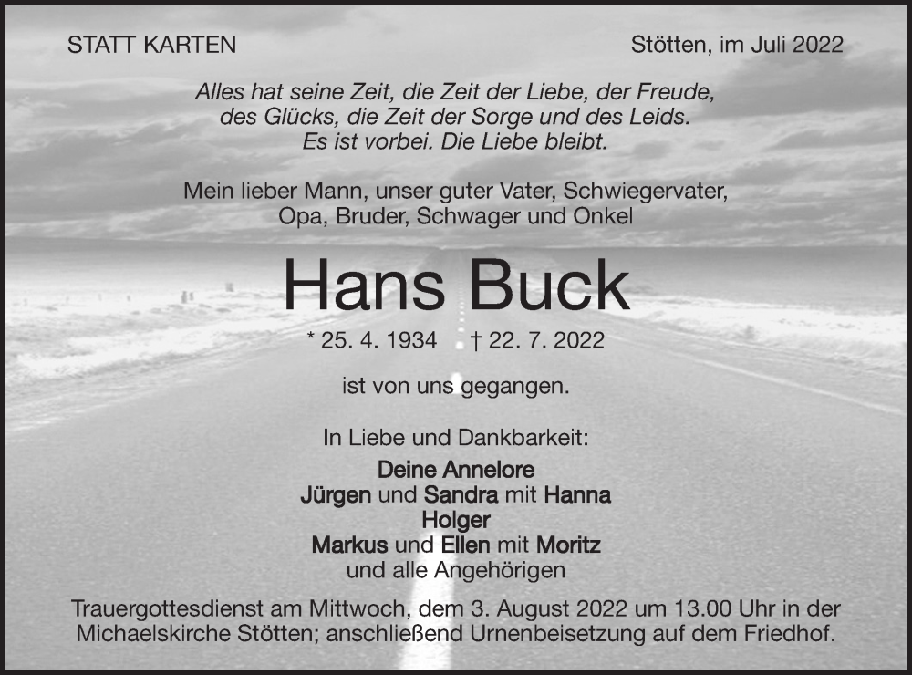  Traueranzeige für Hans Buck vom 29.07.2022 aus Geislinger Zeitung