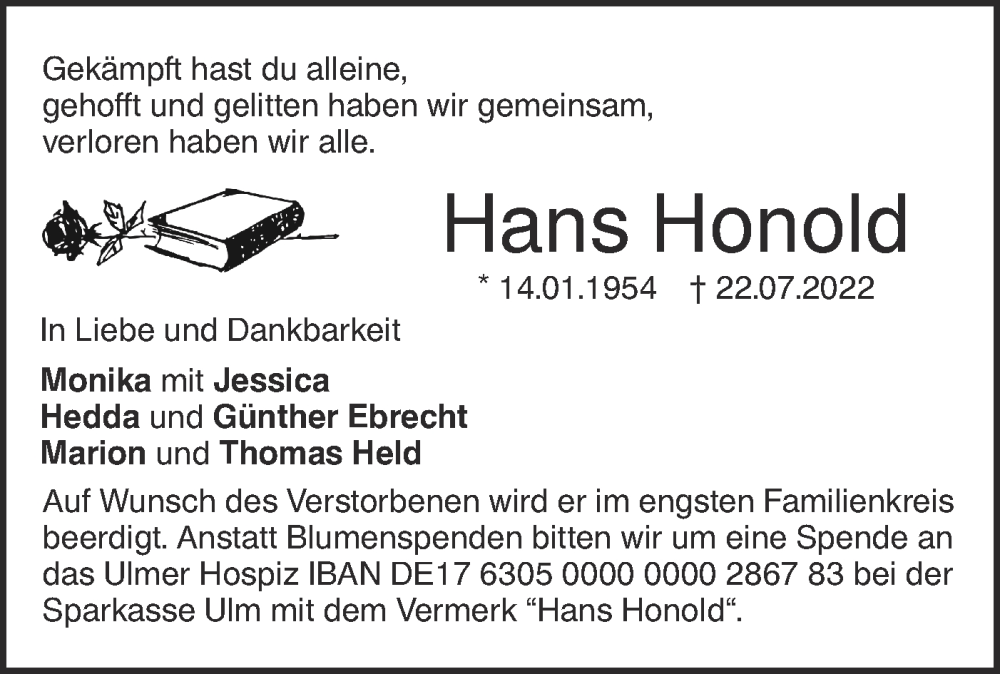  Traueranzeige für Hans Honold vom 29.07.2022 aus SÜDWEST PRESSE Ausgabe Ulm/Neu-Ulm