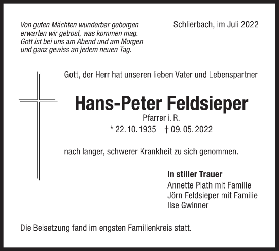 Traueranzeige von Hans-Peter Feldsieper von NWZ Neue Württembergische Zeitung