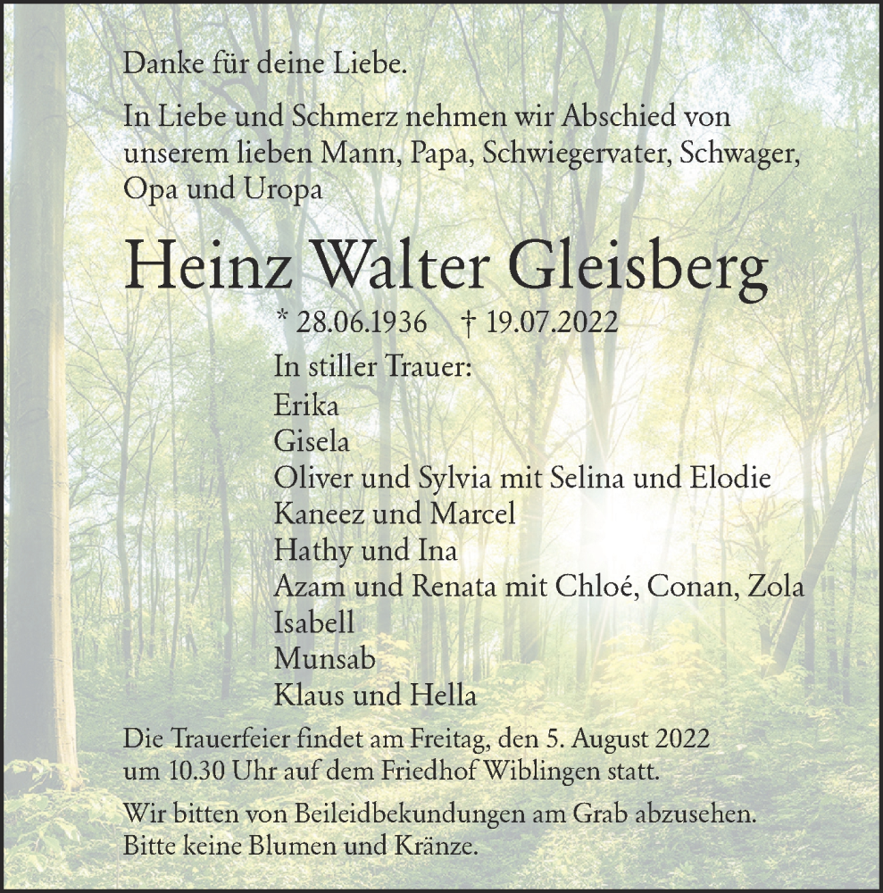  Traueranzeige für Heinz Walter Gleisberg vom 30.07.2022 aus SÜDWEST PRESSE Ausgabe Ulm/Neu-Ulm