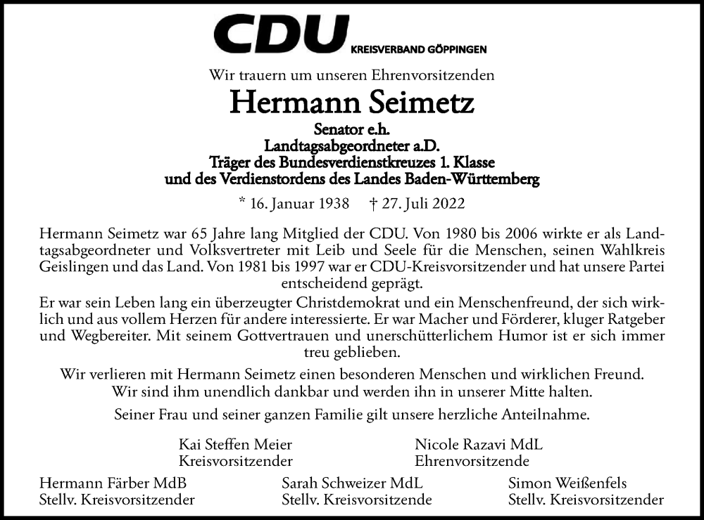  Traueranzeige für Hermann Seimetz vom 30.07.2022 aus NWZ Neue Württembergische Zeitung/Geislinger Zeitung