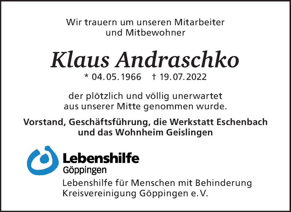  Traueranzeige für Klaus Andraschko vom 25.07.2022 aus NWZ Neue Württembergische Zeitung