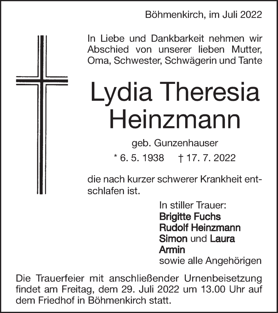  Traueranzeige für Lydia Theresia Heinzmann vom 23.07.2022 aus Geislinger Zeitung