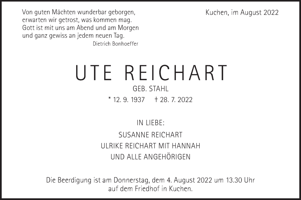  Traueranzeige für Ute Reichart vom 01.08.2022 aus Geislinger Zeitung