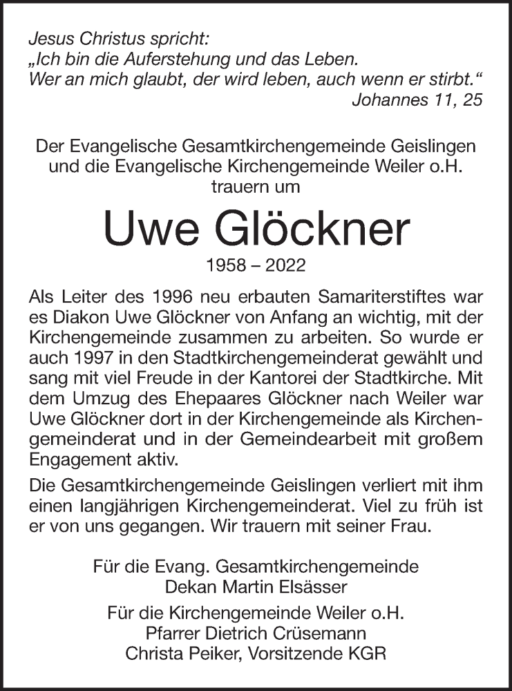  Traueranzeige für Uwe Glöckner vom 27.07.2022 aus Geislinger Zeitung