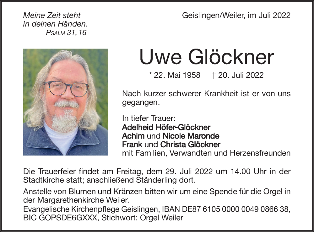  Traueranzeige für Uwe Glöckner vom 26.07.2022 aus Geislinger Zeitung