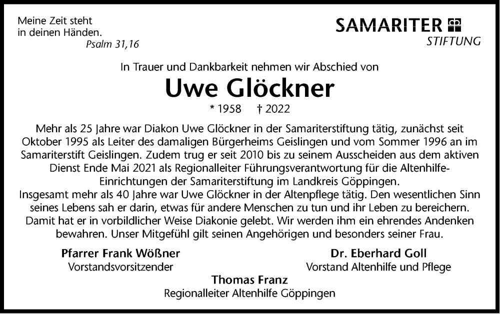  Traueranzeige für Uwe Glöckner vom 26.07.2022 aus Geislinger Zeitung