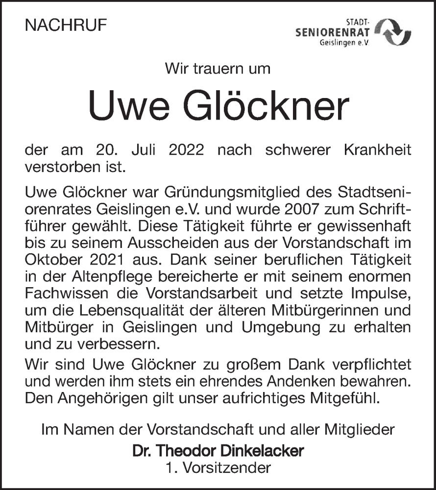  Traueranzeige für Uwe Glöckner vom 30.07.2022 aus Geislinger Zeitung