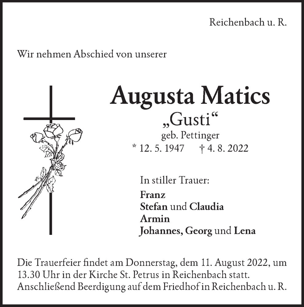  Traueranzeige für Augusta Matics vom 06.08.2022 aus NWZ Neue Württembergische Zeitung