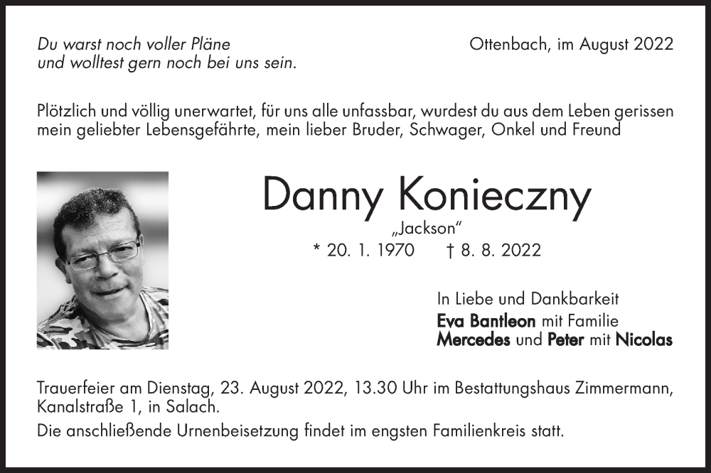  Traueranzeige für Danny Konieczny vom 17.08.2022 aus NWZ Neue Württembergische Zeitung