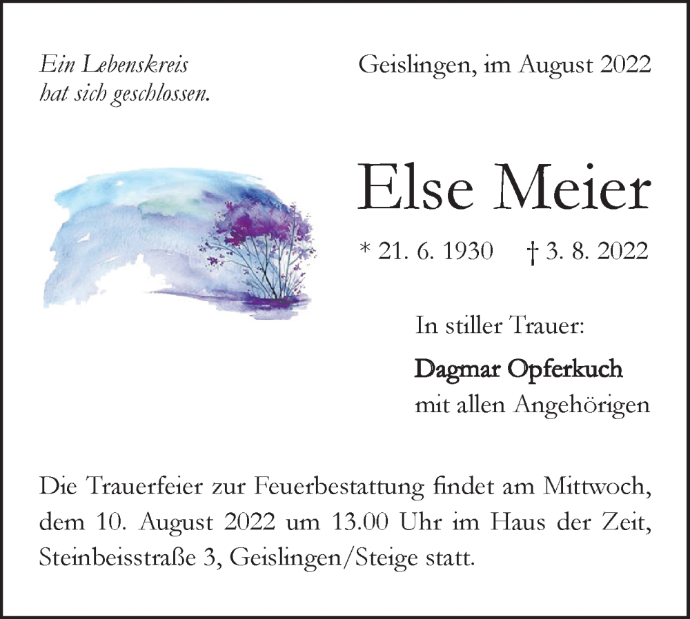  Traueranzeige für Else Meier vom 06.08.2022 aus Geislinger Zeitung