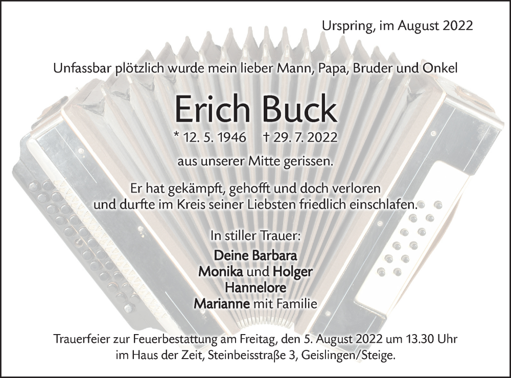  Traueranzeige für Erich Buck vom 02.08.2022 aus Geislinger Zeitung