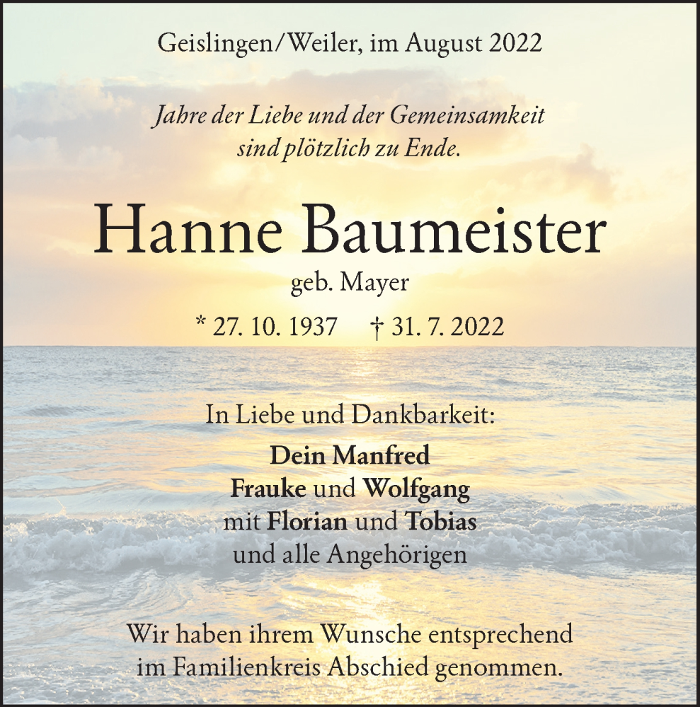  Traueranzeige für Hanne Baumeister vom 17.08.2022 aus Geislinger Zeitung