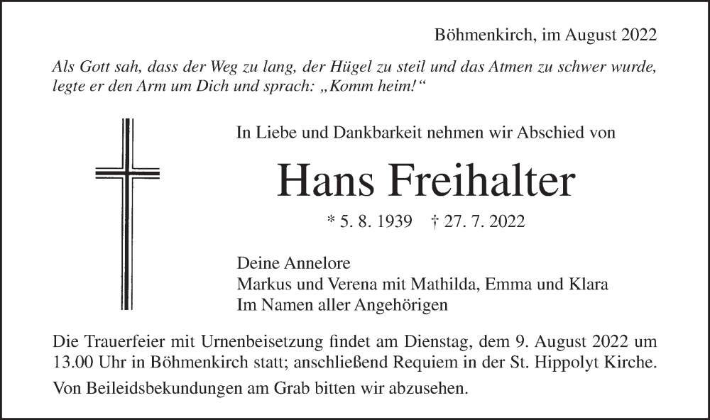  Traueranzeige für Hans Freihalter vom 04.08.2022 aus Geislinger Zeitung
