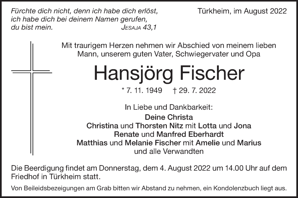  Traueranzeige für Hansjörg Fischer vom 02.08.2022 aus Geislinger Zeitung