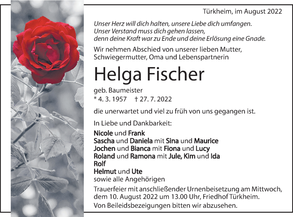  Traueranzeige für Helga Fischer vom 04.08.2022 aus Geislinger Zeitung