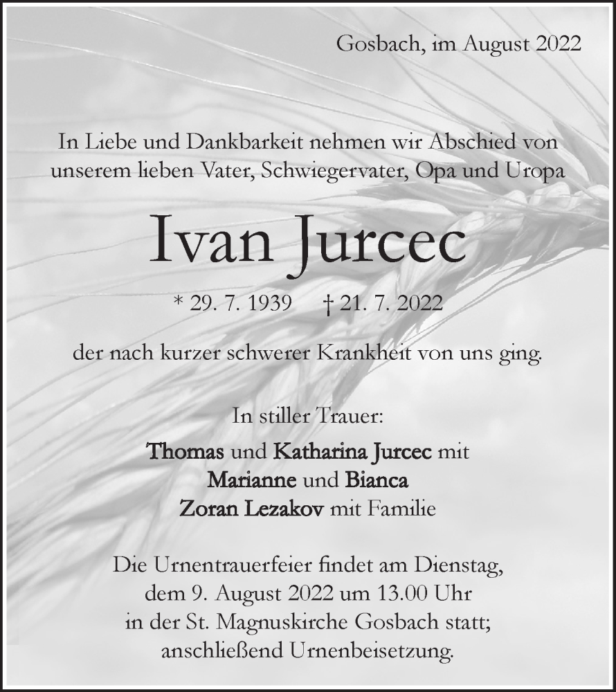  Traueranzeige für Ivan Jurcec vom 03.08.2022 aus Geislinger Zeitung