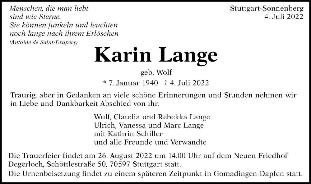  Traueranzeige für Karin Lange vom 17.08.2022 aus Alb-Bote/Metzinger-Uracher Volksblatt