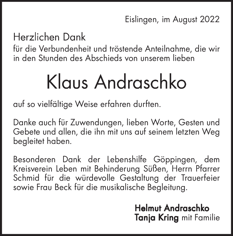  Traueranzeige für Klaus Andraschko vom 08.08.2022 aus NWZ Neue Württembergische Zeitung