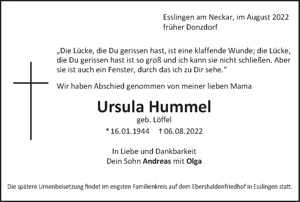  Traueranzeige für Ursula Hummel vom 13.08.2022 aus NWZ Neue Württembergische Zeitung