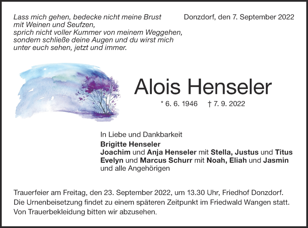  Traueranzeige für Alois Henseler vom 10.09.2022 aus NWZ Neue Württembergische Zeitung/Geislinger Zeitung