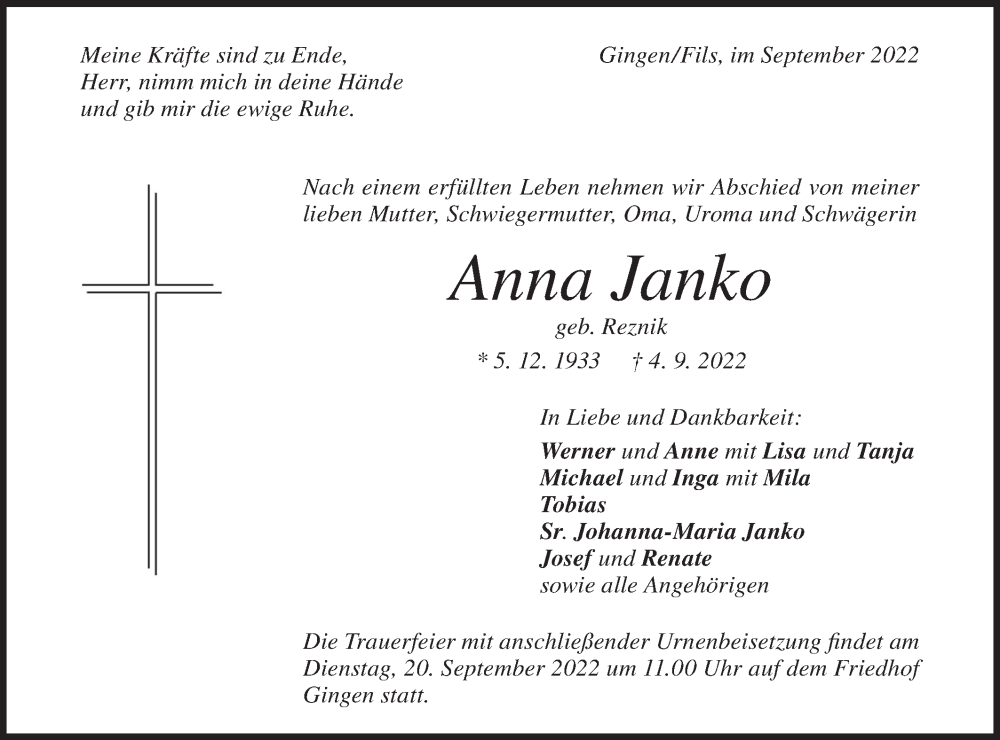  Traueranzeige für Anna Janko vom 15.09.2022 aus Geislinger Zeitung