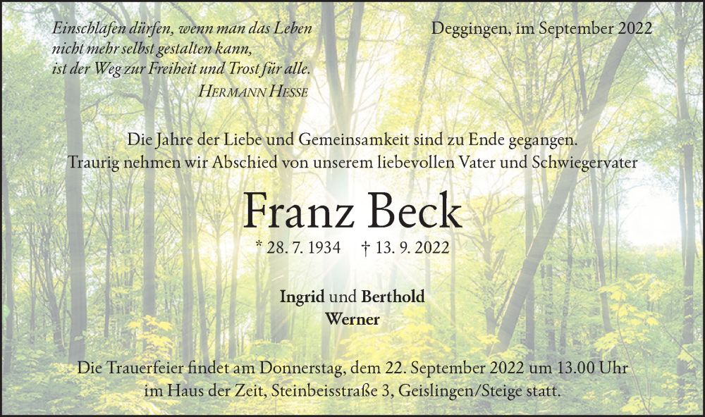  Traueranzeige für Franz Beck vom 17.09.2022 aus Geislinger Zeitung